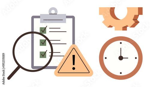 Task management, quality assurance, time efficiency, error detection, productivity, workflow optimization. A checklist with checkmarks, magnifying glass warning icon gear and clock. Task
