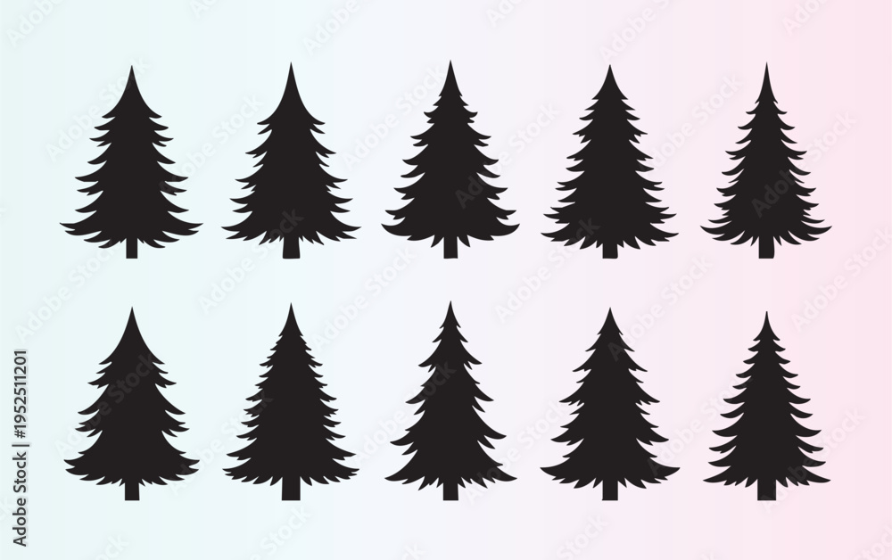 Obraz premium Ten identical pine tree silhouettes in two rows isolated design