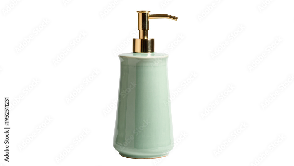 Obraz premium Isolated elegant mint green ceramic liquid soap dispenser with golden pump for bathroom