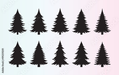 Ten identical pine tree silhouettes in two rows isolated design