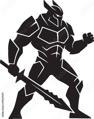 Stylized black and white warrior mascot figure wearing futuristic armor, holding a jagged sword firmly.