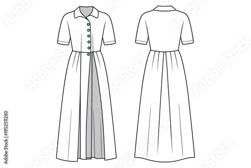 Front and back flat sketch of a short sleeve maxi shirt dress with collar and buttons fashion clothing
