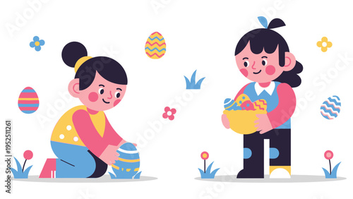 Little girl and boy picking up decorated easter eggs in field for traditional spring holiday scavenger hunt