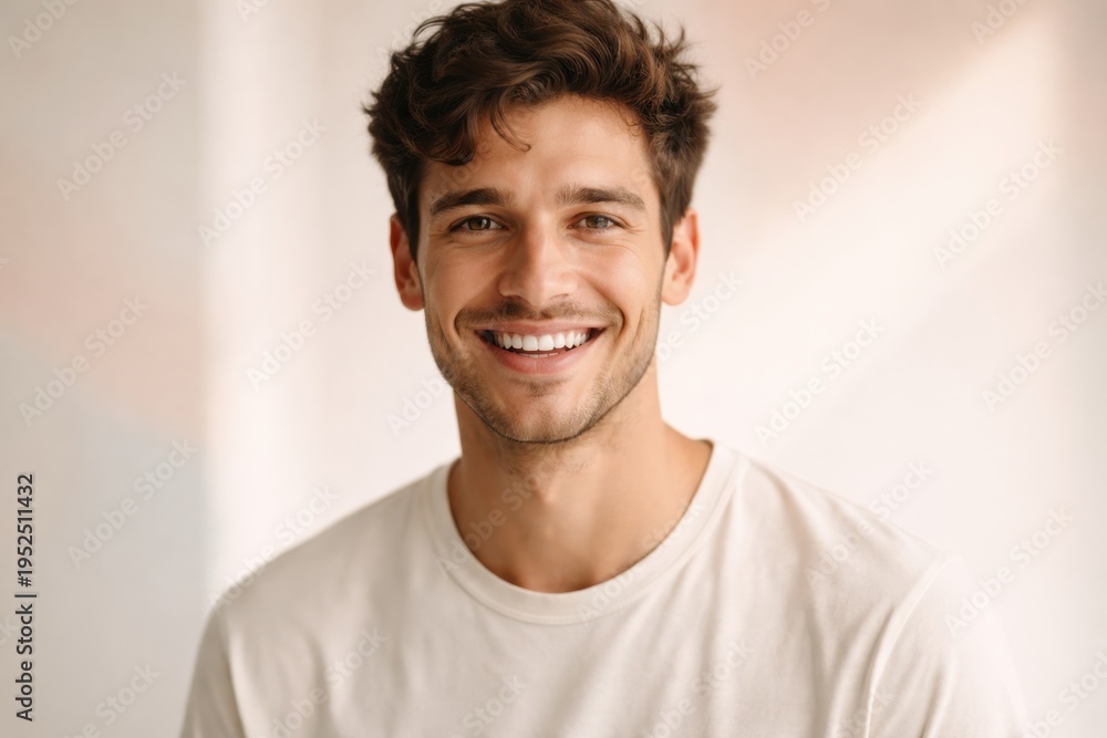 Fototapeta premium Young man with curly brown hair and a bright white smile looking directly at the camera