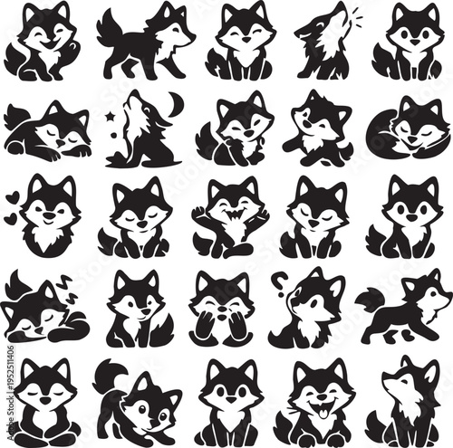 Cute Wolf Icon Set, 25 Cartoon Wolf Silhouette Icons, Minimal Animal Character Vector Collection.
