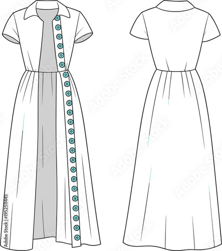 Front and back flat sketch of a short sleeve maxi shirt dress with full button front fashion clothing