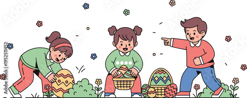 Group of kids searching for easter eggs behind bushes and grass in park during festive spring event