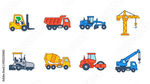 Vibrant Construction Vehicles Heavy Machinery Icons Collection Flat Design Style Stickers Set