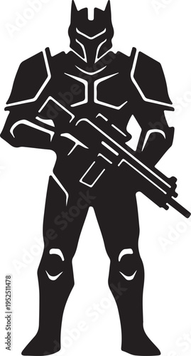 Black and white silhouette of a futuristic armored soldier character holding a modern assault rifle weapon