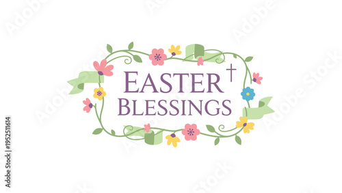 Easter blessings greeting card with floral wreath and religious cross symbol