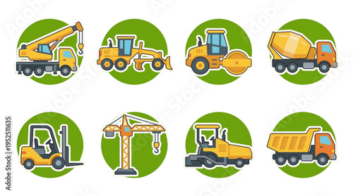 Industrial Construction Equipment Icons Collection Heavy Machinery Vector Art Set