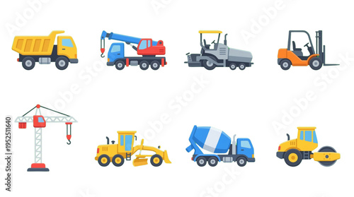 Construction Vehicles Heavy Equipment Set Flat Icons Building Site Machinery Collection