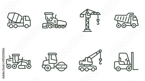 Construction Vehicle Icons Set Heavy Equipment Outline Symbols Engineering Transportation