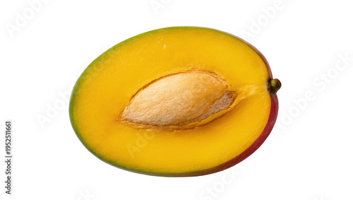 Fotografie Isolated ripe mango half revealing its vibrant yellow-orange flesh with a large