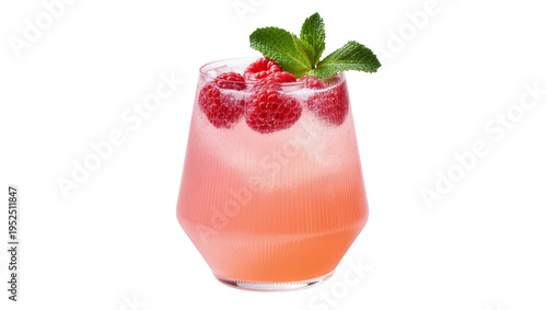 Isolated refreshing pink sparkling raspberry and mint cocktail in a modern ribbed glass