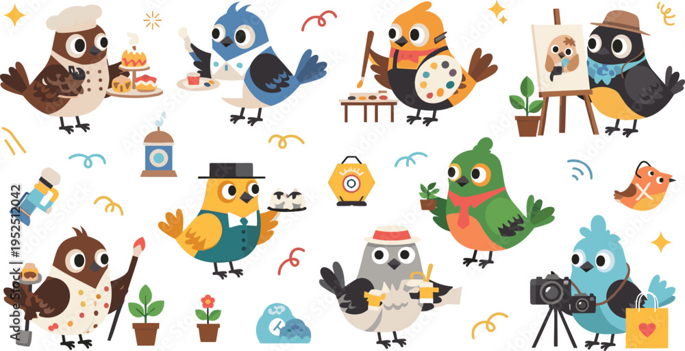 Fototapeta premium Cute Cartoon Birds Set with Creative Hobbies Activities Painting Cooking Photography Gardening and Artistic Characters Vector Illustration Collection