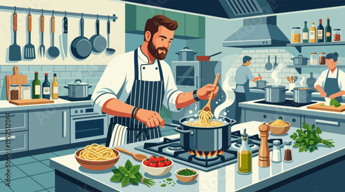 A focused male chef with a beard cooks fresh pasta in a bustling commercial kitchen, surrounded by fresh ingredients like tomatoes and basil.