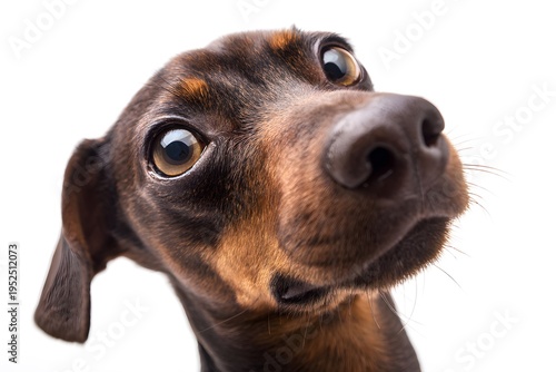 A curious Vizsla dog looks directly at the camera with big eyes and a wet nose
