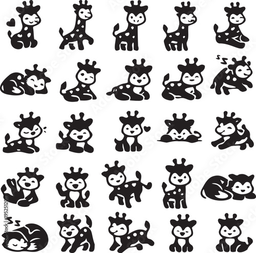 Cute Giraffe Icon Set, 25 Cartoon Giraffe Silhouette Icons, Minimal Safari Animal Vector Collection.