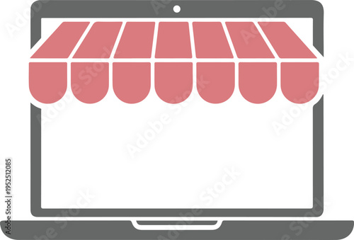 Laptop computer with pink striped store awning on screen representing digital marketplace and online shopping ecommerce concept art