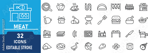 Meat Cooking and BBQ Line Icon Set. Contain to related icons butcher, grill, steak, chicken, kitchen tools and food preparation. Editable stroke. Vector illustration.