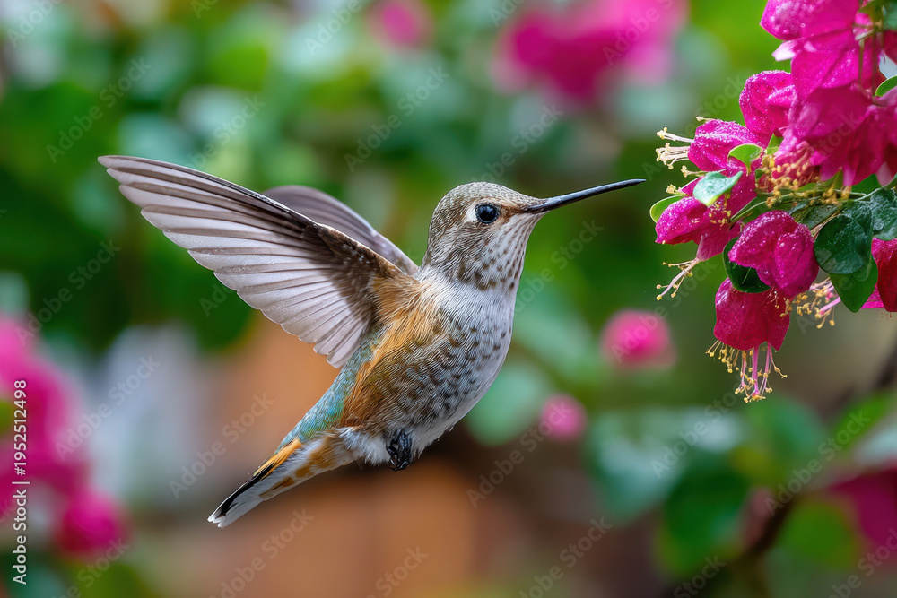 Fototapeta premium Hummingbird Hovering Near Pink Flowers