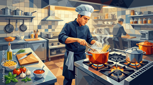 A stylized illustration of a male chef cooking pasta in a professional restaurant kitchen, stirring a steaming pot on the stove.