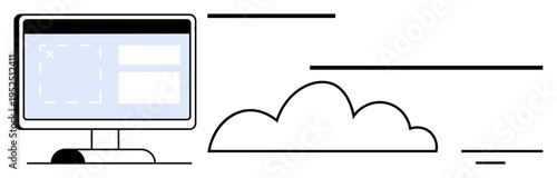 Cloud computing concept. Cloud computing illustrated with desktop and cloud symbols connects data services and digital storage. Cloud computing boosting technology, IT solutions, online storage, app