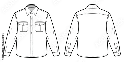 Front and back view of a long-sleeved button-up shirt with chest pockets Keywords: shirt, button-up shirt, long sleeve shirt