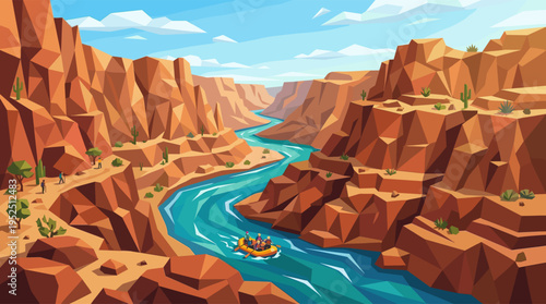 A colorful vector illustration of an exciting adventure, with friends whitewater rafting on a turquoise river and others hiking through a majestic red rock canyon on a sunny day.