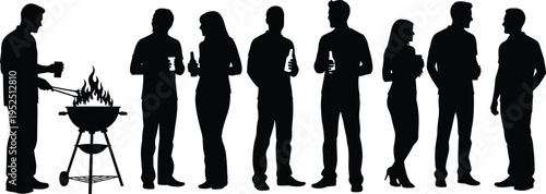 Barbecue party people silhouettes collection, men and women socializing with drinks near grill, black human figures isolated on white background, outdoor lifestyle concept set