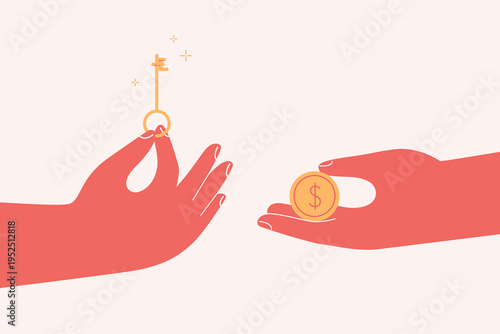 two Hands exchange money and key. Buying car or house, rental payment concept. buyer paying with cash. Flat vector illustration