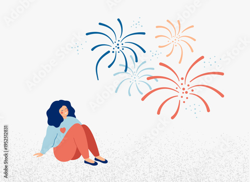 happy girl watches fireworks. Smiling woman enjoys life. Positive thinking and outlook. Good Mental health concept. Vector illustration