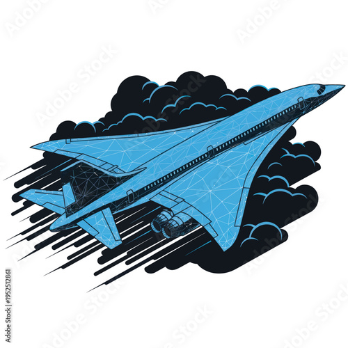 Blue Concorde Jet Flying Through Clouds.