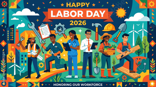 Happy Labor Day 2026: Honoring Our Workforce with Diverse Professions and Symbols of Industry.
