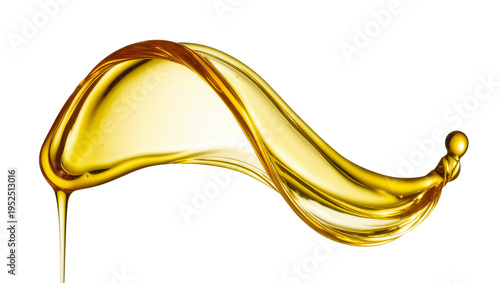 Isolated flowing golden liquid splash, clear yellow cooking oil or engine lubricant pour
