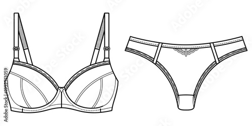 Front view of a black bra and thong set with lace trim lingerie underwear