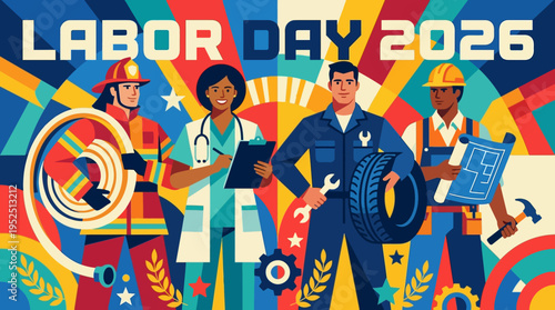 Labor Day 2026 Celebration Featuring Diverse Workers and Symbols of Industry.
