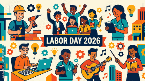 Diverse group of people celebrating Labor Day 2026 with various professions and symbols of work and achievement.