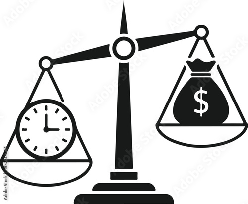 Scales of justice with time and money, time is money concept, comparing time value and money value on scale