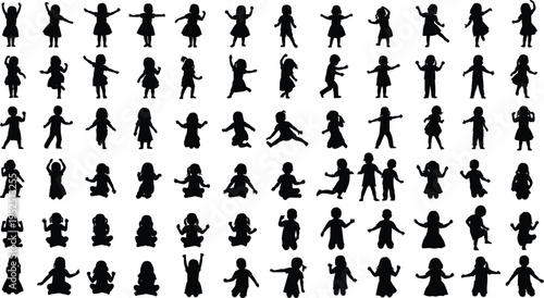 Children silhouettes collection, kids playing jumping dancing poses, boys girls active movement set, childhood activity bundle isolated on white background