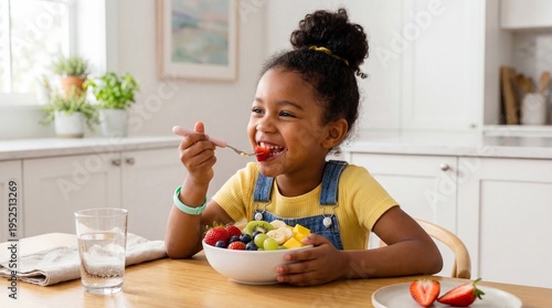 A dark-skinned girl eats fresh fruit at the kitchen table.  