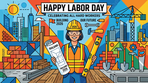 Happy Labor Day illustration celebrating all hard workers building our future with construction elements and a smiling worker holding blueprints.