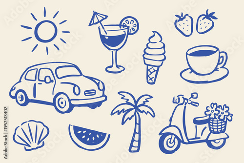 Tropical lifestyle elements set outline sketch vector illustration