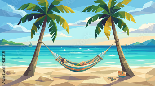 A woman relaxes in a colorful hammock between two palm trees on a sandy beach, enjoying a peaceful, sunny vacation with the turquoise ocean in the background.