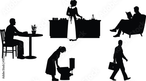 Daily life people silhouettes collection, home and lifestyle activities like cooking, reading, cleaning and walking, black human figures isolated on white background set
