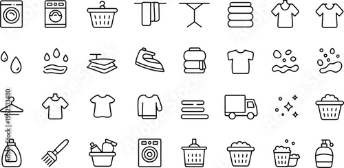 Line art icons for laundry and cleaning services on white background Keywords: laundry, cleaning, washing machine, dryer, basket