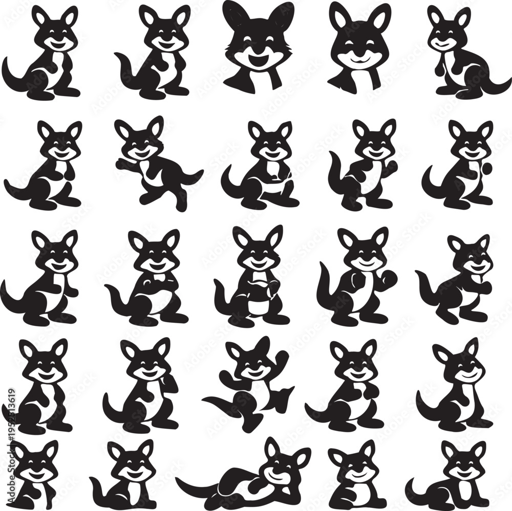 Fototapeta premium Hand Drawn Cute Kangaroo Character Icon Set – 25 Black Solid Animal Icons.
