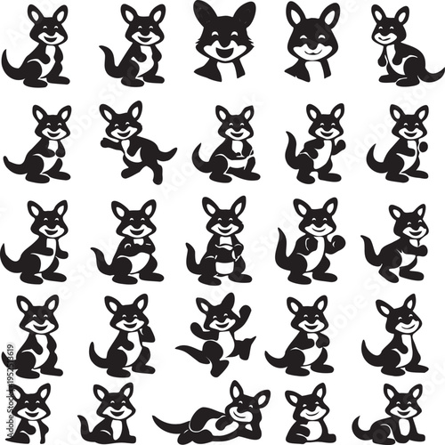 Hand Drawn Cute Kangaroo Character Icon Set – 25 Black Solid Animal Icons.