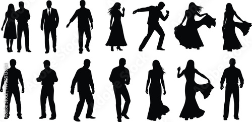Dancing people silhouettes collection, men and women figures in motion, party dance poses, black human shapes isolated on white background, dynamic lifestyle concept